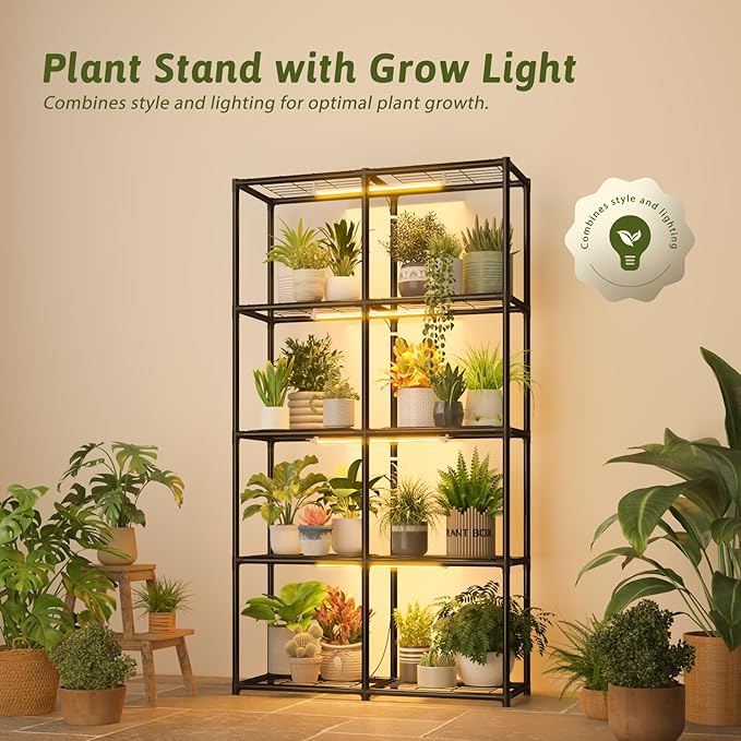 Plant Stand With Grow Lights Plant Stand Indoor Plant Shelf Metal Plant Rack Plant Holder Flower Pot Stand for Multiple Plants for Living Room Patio Balcony Garden Porch Black(5-Tier)