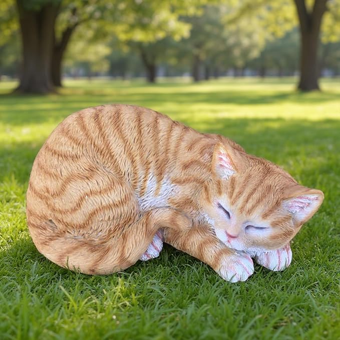 Tabby Sleep Cat Statues Outdoor Decorative, Cat Memorial Statue for Yard Lawn Patio Porch, Garden Pet Grave Marker Figures, 9.44" L x 6.29" W x 4.33" H