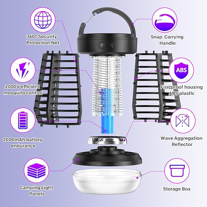 Upgraded Electric Fly Zapper,3 in 1 Bug Zapper Outdoor & Indoor, Electric Mosquito Killer Lamp with 2000V Grid & On/Off Switch, Mosquito Traps for Kitchen, Patio, Backyard, and More (Black)