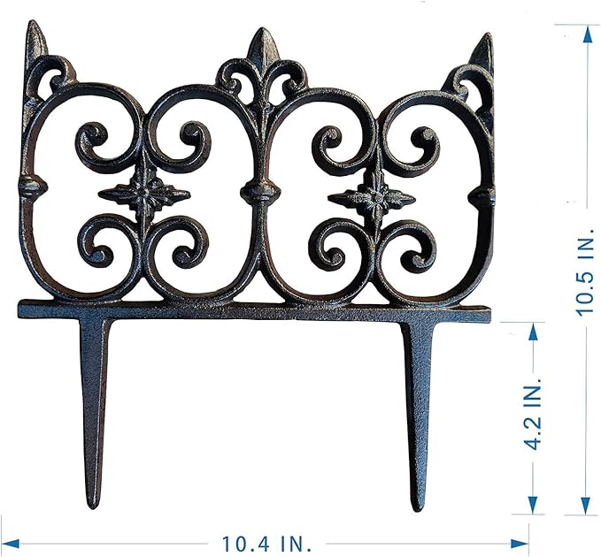 Ornate Cast Iron Garden Edging Fence(10.5" Tall) - 4 Pack Heavy Duty Metal Border for Lawn, Patio & Landscaping HC8308
