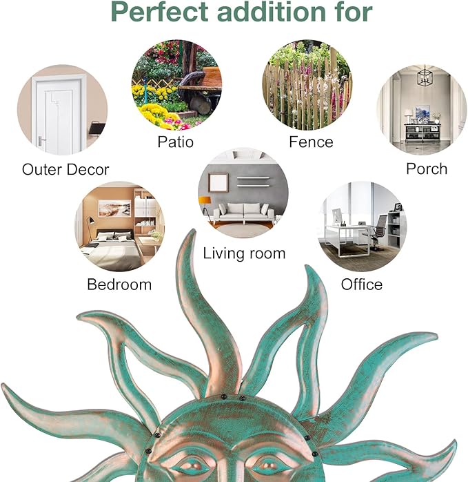 Sun Metal Wall Art Outdoor Decor - 30 Inches Rust Proof Retro Metal Wall Sculpture Statues Wall Art Hanging Decoration for Indoor Outdoor,Garden, Home, Farmhouse, Fence Balcony Patio and Bedroom