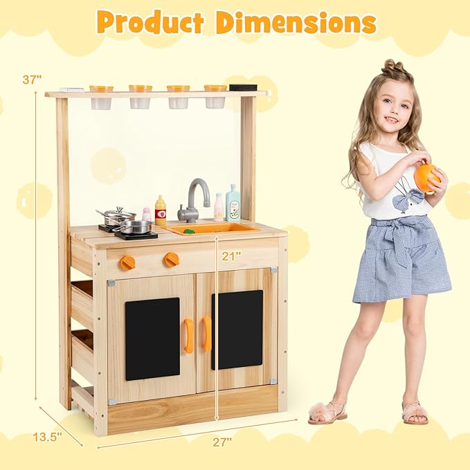 HONEY JOY Mud Kitchen, Fir Wood Outdoor Play Kitchen for Toddlers, 4 Planting Cups, Cookware, Faucet & Sink, DIY Acrylic Board & Blackboard, Storage, Mud Table, Mud Kitchen for Kids Outdoors, Natural