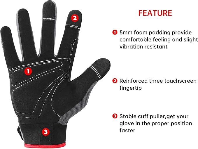 DULFINE Flex Grip Mechanic Work Gloves for Men,Black and Red Utility Safety Working Gloves Touch Screen,Excellent Grip,Ideal for Working on Cars and Outdoor Jobs(XX-Large)