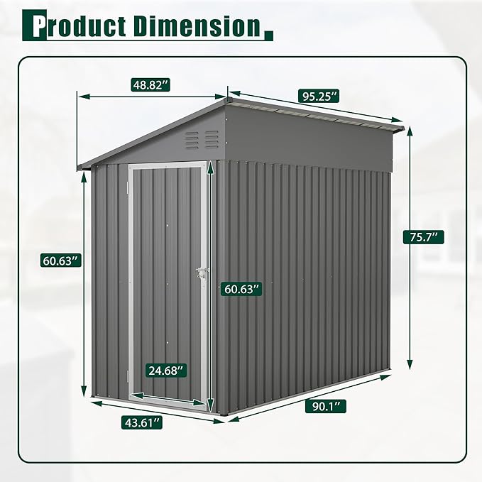 4x8 FT Metal Outdoor Storage Shed with Lockable Door and 2 Air Vents, Lean to Storage Shed, Garden Tool Storage Cabinet for Backyard Patio Lawn, Gray