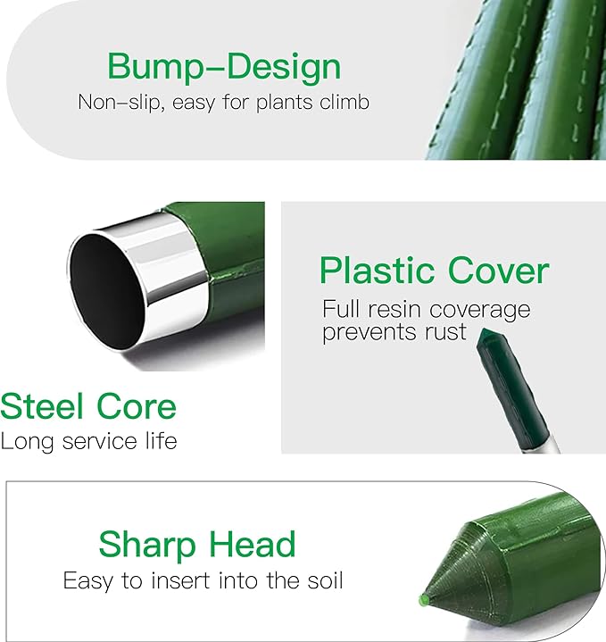 Garden Stakes 4ft, Metal Plant Stakes 4 Feet 30 Pack for Gardening and Farm, 48" Plastic Coated Plant Support for Tomato, Cucumber, Bean, Flower, Potted and More Climbing Plants