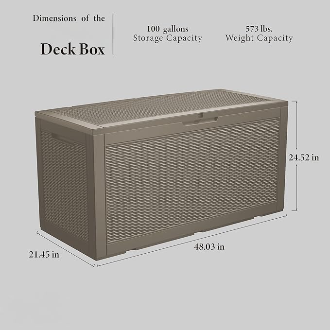 100 Gallon Waterproof Large Resin Deck Box Indoor/Outdoor Lockable Storage Container and Seating for Garden, Pool, and Patio (100 Gallon, Grey)