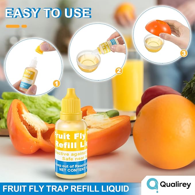 Qualirey Fruit Fly Trap for Indoor and Kitchen Use, 0.68 oz Each Bottle Fruit Fly Trap Refill Liquid, Ready to Use, Safe Near Food, Efficient Lure Refill Liquid, Yellow(8 Pack)