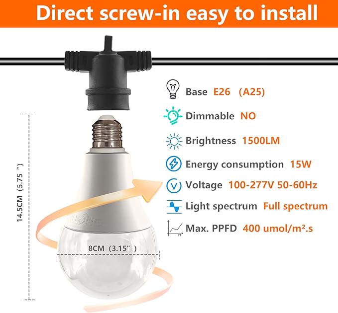 A25 LED Grow Light Bulb - 15W (150W Equivalent), Full Spectrum, E26 Base for Indoor and Outdoor Plants - Plus Size Bulb (6-Pack)