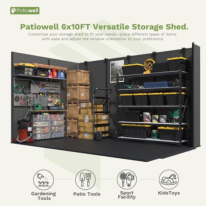Patiowell 6 x 10 FT Outdoor Plastic Storage Shed with Floor - Lockable Resin Tool Shed, 2 Windows, Easy Assembly for Garden/Backyard (Dark Grey)