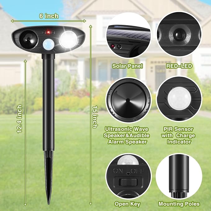 2Pack Solar Ultrasonic Animal Repellent Cat Deterrent Outdoor Solar Animal Repeller with Motion Sensor&LED Strobe Light Deer Repellent to Scare Squirrel Dog Bird Rabbit Skunk Fox Raccoon