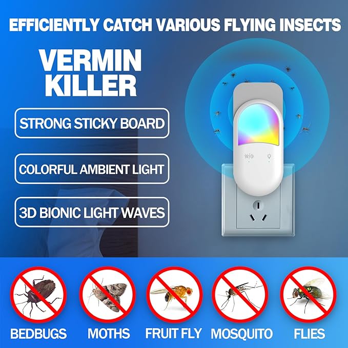 Fly Insect Trap,Indoor Plug-in Fly Traps for Flies, Fruit Flies, Moths, and Other Flying Insects,Moths Killer with Night Light (NO Devices + 5 Glue Cards)