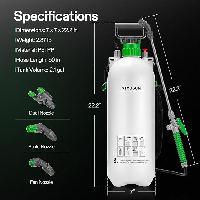 VIVOSUN 2.1 Gal/8L Pump Sprayer, Garden Water Sprayer for Plants, Weeds & Lawn Care, with 3 Nozzles, 50'' Long Hose & Pressure Relief Valve