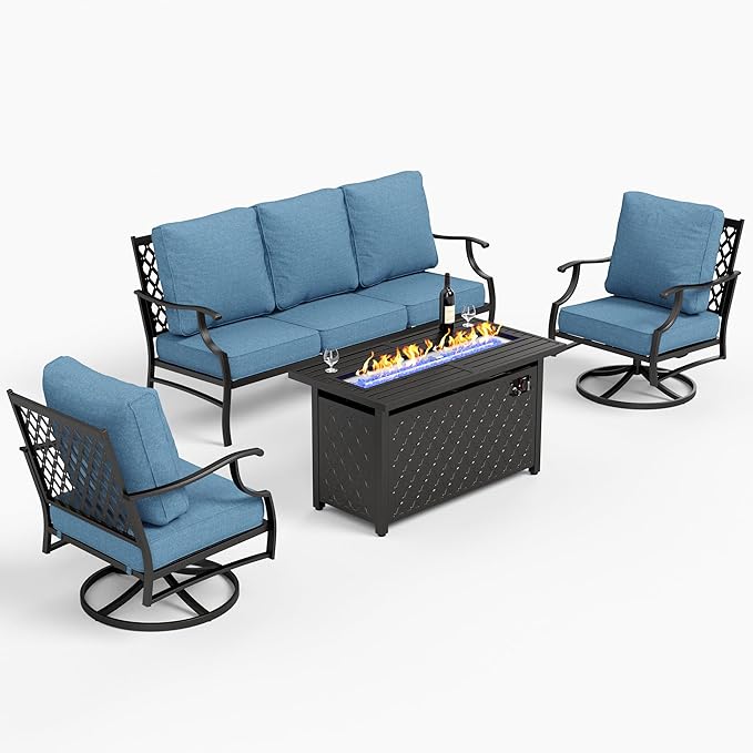 4 Piece Metal Outdoor Patio Furniture Sets with 5000 BTU Firepit Table, Patio Conversation Sets 1 3-seater Sofa, 2 Swivel Chair with 5.75" Thick Cushion, Black Backyard Furniture, Navy