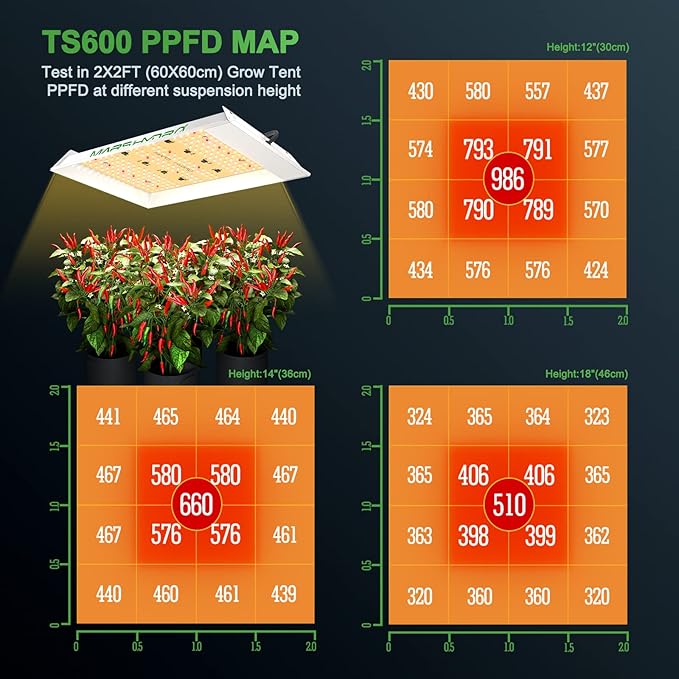 MARS HYDRO TS600 100W LED Grow Light for Beginners, New Diodes Layout Full Spectrum Growing Lamps for Indoor Plants Hydroponic Seed Starting Vegetables Bloom in 2x2 Grow Tent