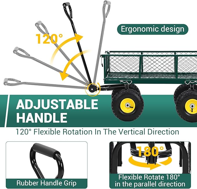Heavy Duty Steel Garden Cart, 550LBS Pullable Metal Garden Wagon with 10" Wheels, 180° Rotating Handle and Removable Sides for Outdoor, Farm, Yard, Beach 