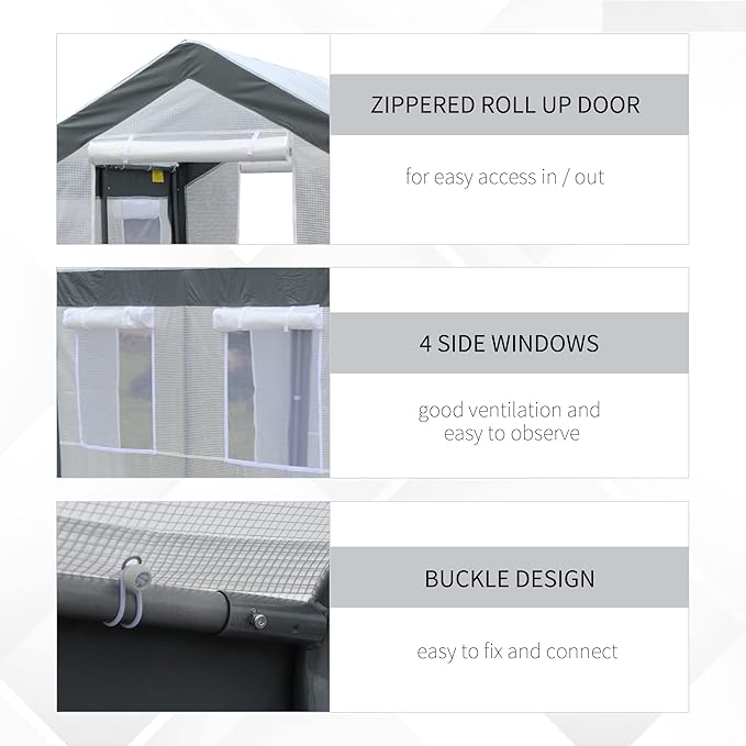 Outsunny 8' x 6' x 7' Walk-in Greenhouse, Outdoor Garden Warm Hot House with 4 Roll-up Windows, 2 Zippered Doors and Weather Cover, White