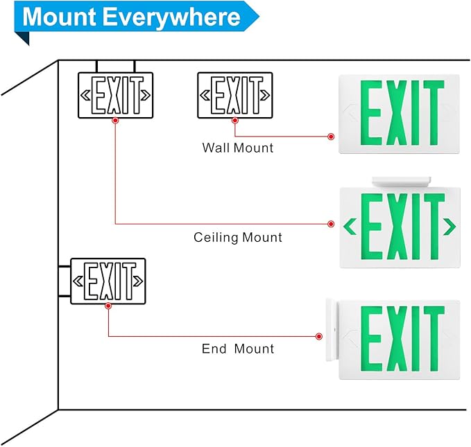 SPECTSUN 4 Packs LED Exit Sign, Emergency Exit Light with Battery Backup, Double Face, UL 924, AC 120/277V, Damp Location, Hardwired Green Letter Exit Lights for Business.