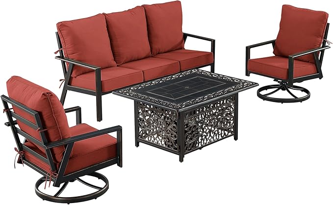 Oakland Living Black Aluminum Patio Fire Table Set with Deep Seating Sofa with Cushion and Two Club Chairs with Red Cushions
