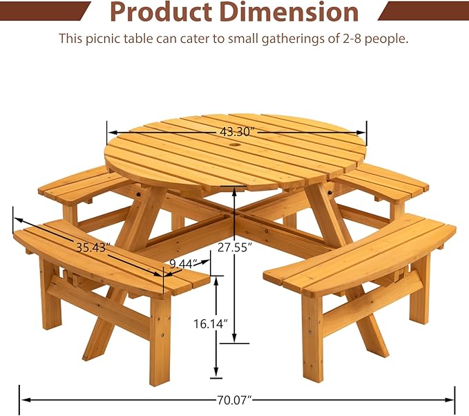 8-Person Round Wooden Picnic Table with Seat, Outdoor Camping Dining Table with 4 Built-in Benches, Natural