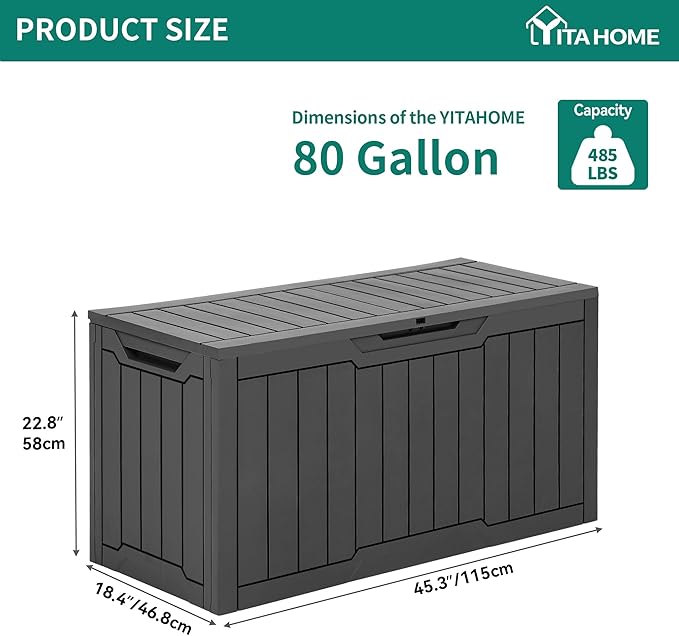 YITAHOME 80 Gallon Resin Deck Box, Weather Resistant Outdoor Storage Box, Lockable Indoor Outdoor Storage for Supplies and Essentials, Dark Gray