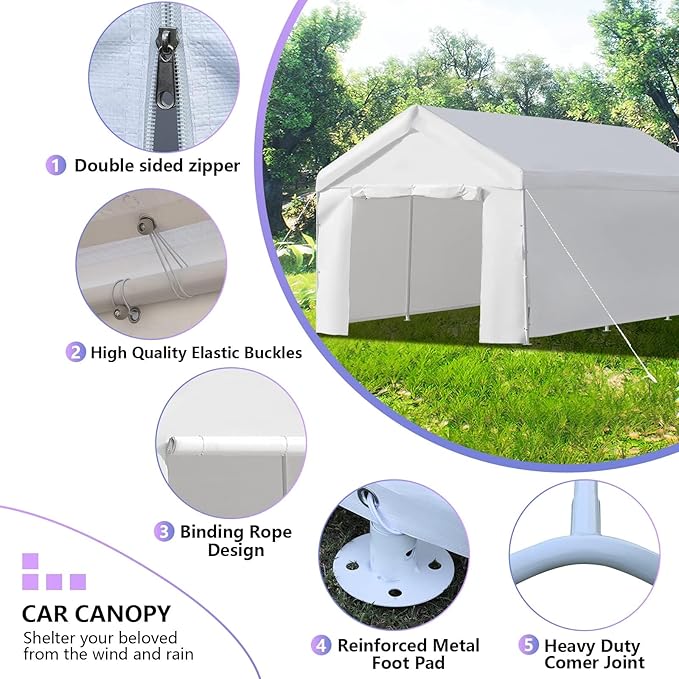 LVUYOYO Carport, 10'x20' Heavy Duty Car Canopy, Outdoor Portable Carport with Removable Sidewalls, All Weather Garage Tent for Car, Truck, Boat, Party