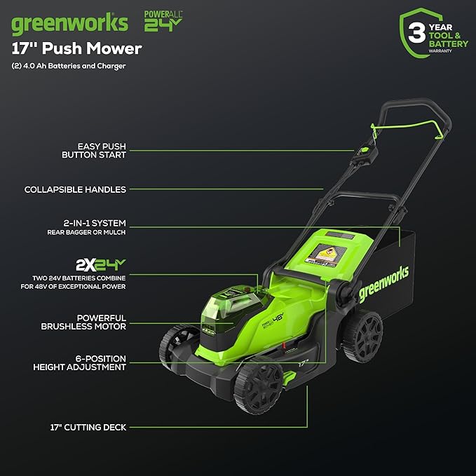 Greenworks 48V (2 x 24V) 17" Brushless Cordless Push Lawn Mower, Includes (2) 4.0Ah Batteries and Dual Port Rapid Charger((125+ Compatible Tools, 45Min Runtime)