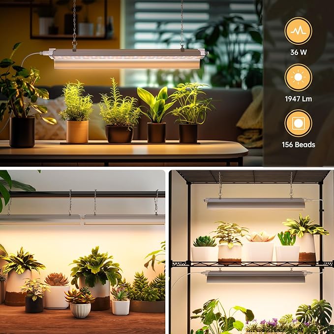 LED Grow Lights 1.4FT for Indoor Plants Full Spectrum, 660nm Hanging Grow Light 3600K, Led Plant Grow Lights for Indoor Plants, Grow Lamp with Reflectors 36W(2×18W), 2 Pack