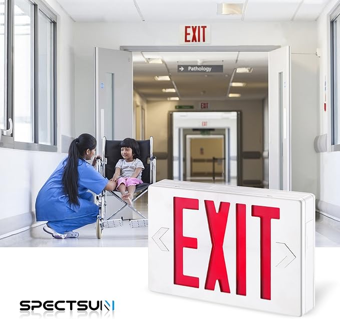 Spectsun 1 Pack LED Exit Sign, Emergency Exit Light with Battery Backup, Double Face, UL 924, AC 120/277V, Damp Location, Hardwired Red Letter Exit Lights for Business.