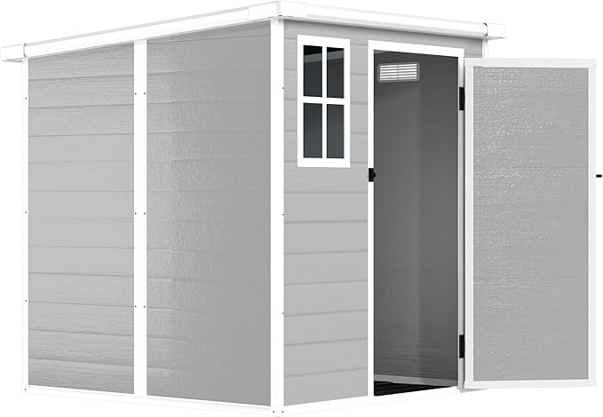 Resin Storage Shed 6x6ft Outdoor Storage Sheds with Floor & Window, Lockable Doors and Vents, Small Tool Shed with Sloped Roof, Sheds for Backyard, Garden, Patio, Lawn (Light Grey, 6 * 6ft)