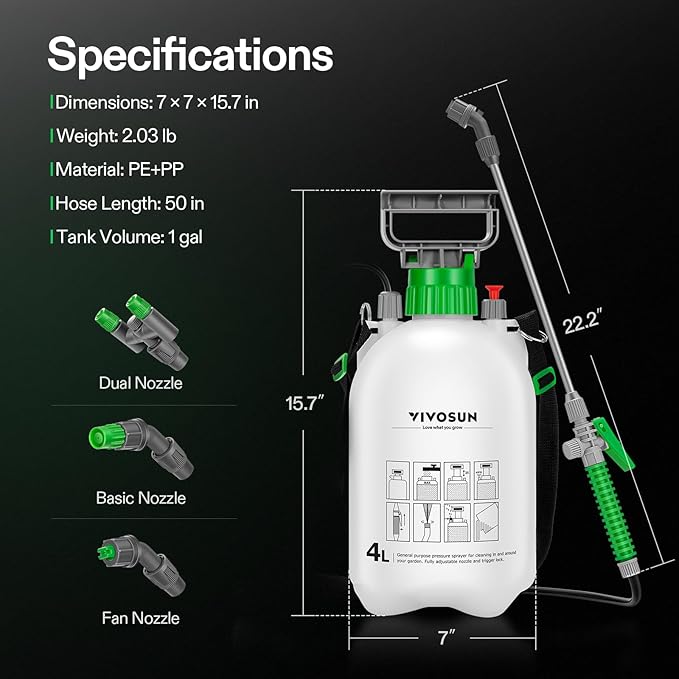 VIVOSUN 1 Gal/4L Pump Sprayer, Garden Water Sprayer for Plants, Weeds & Lawn Care, with 3 Nozzles, 50'' Long Hose & Pressure Relief Valve