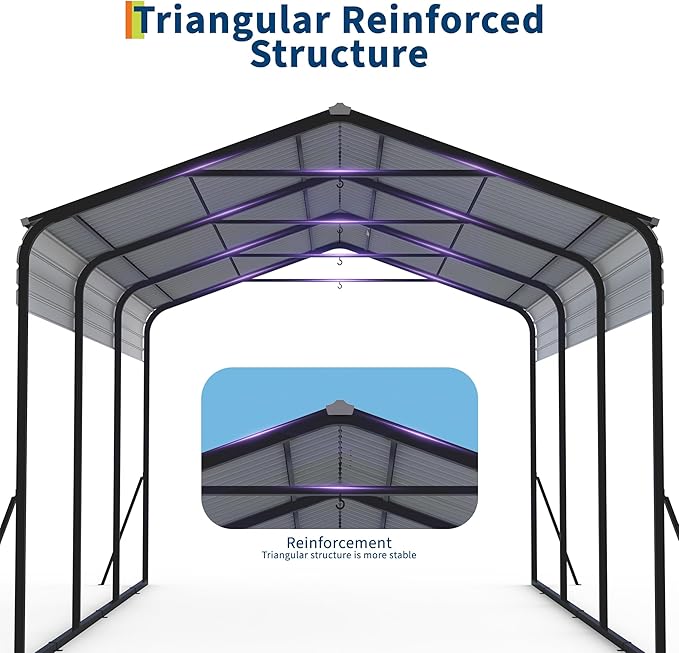 10x15 FT Heavy Duty Metal Carport with Galvanized Steel Frame & Roof, All-Weather Portable Car Garage Shelter, Metal Carports Garage for Cars, Trucks, Boats, Wind & Snow Resistant, Reinforced Base