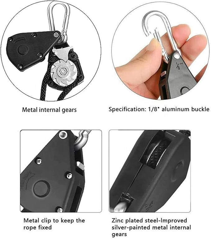 Grow Light Rope Hanger 2Pairs, Adjustable Rope Ratchet Hangers 150 Lbs per Pair with Stainless Steel 2.5" S Hook