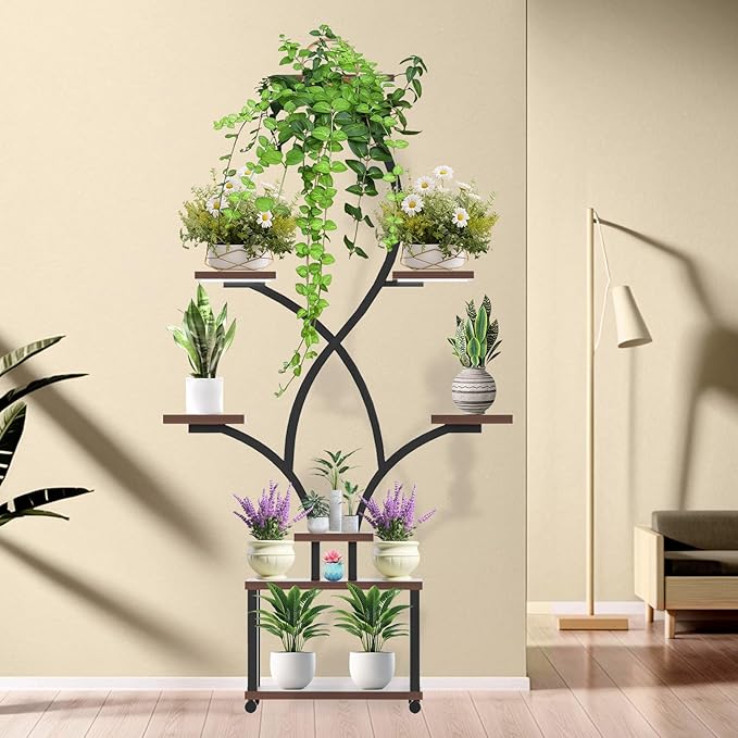 Indoor Plant Stand with Grow Lights ,Stylish S-Shaped Metal Rack for Multiple Indoor Plants ,8-Tiered Tall Plant Shelf for Home and Patio ,Perfect for Plant Lovers