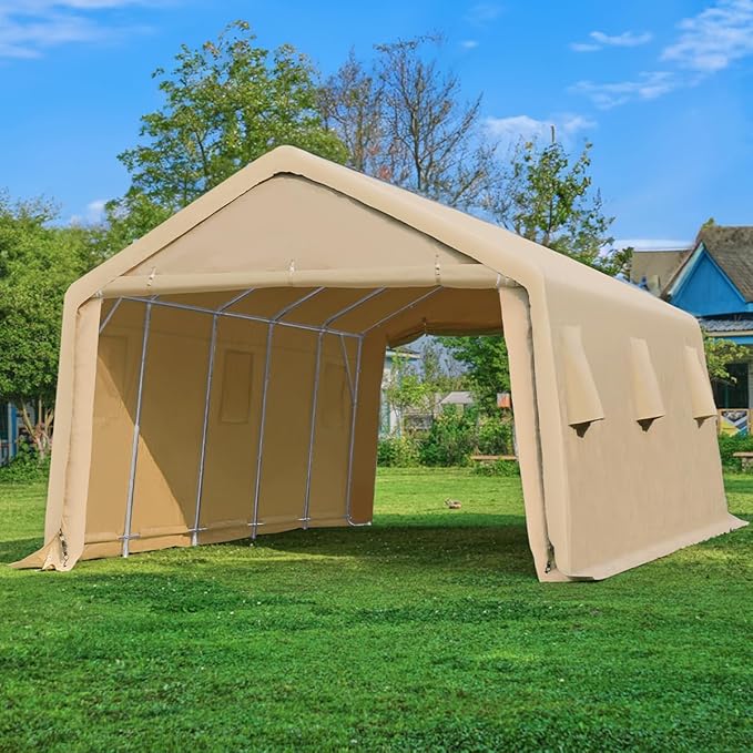 ADVANCE OUTDOOR 13x20 ft Garage Tent Carports with 2 Roll up Doors & Vents Outdoor Portable Storage Shelter for Vehicle Truck Boat Anti-UV Snow Resistant Waterproof, Beige