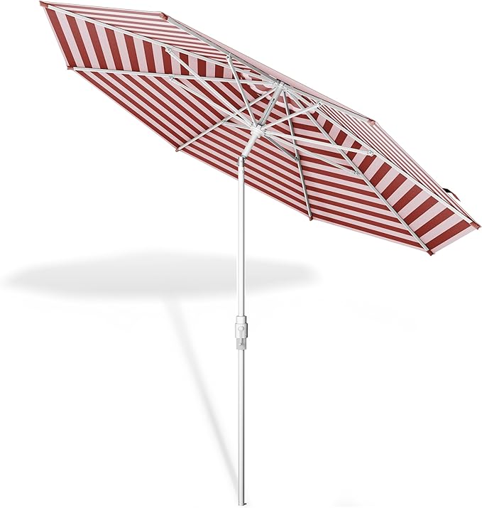 Midtown Umbrellas The Swilt 8 Feet Patio Umbrella in Terylast Red Stripes (Red/White) Polyester Fabric - Fiberglass Ribs, Auto-Tilt Aluminum Frame For Backyard, Deck, Garden, Pool - White Pole