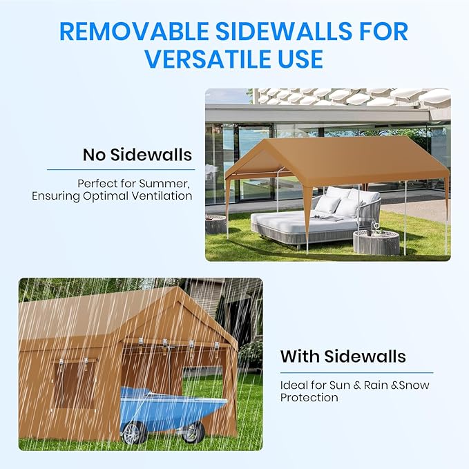 Carport 10x20 FT Heavy Duty, Outdoor Portable Garage with Removable Sidewalls & Doors, Waterproof, UV-Resistant Canopy Shelter for Vehicles, Boats, RVs, Trucks, All-Season Car Port,Yellow