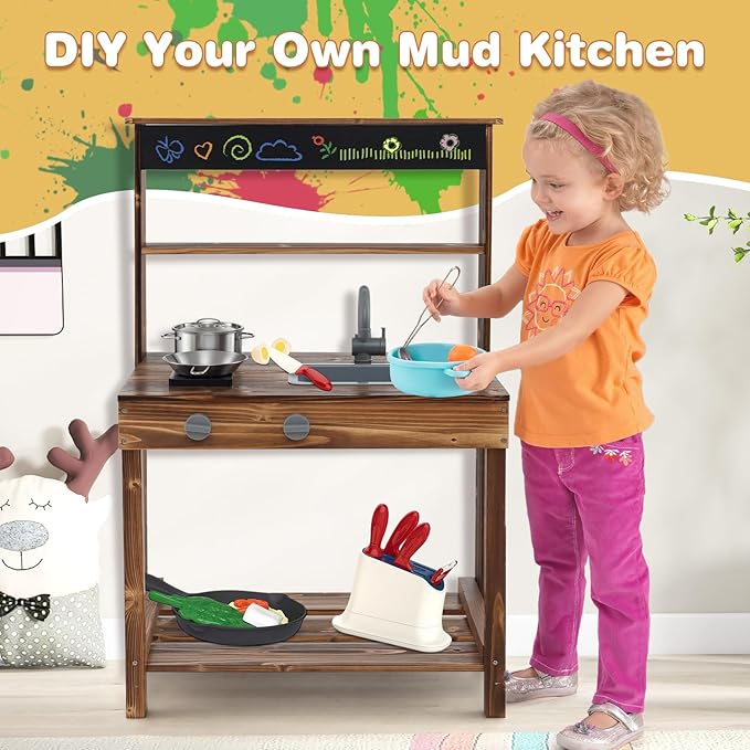 HONEY JOY Mud Kitchen, Fir Wood Outdoor Play Kitchen for Toddlers, Realistic Faucet & Garden Sink, Stoves, Chalkboard, Storage Shelf, Outdoor Kitchen Playset, Mud Kitchen for Kids Outdoor Backyard