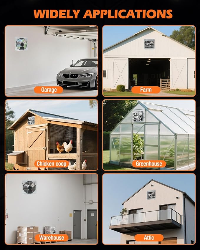 JVO 12 Inch Shutter Exhaust Fan 1450 CFM High-Powered Ventilation, Ideal for Attics, Greenhouses, Garages and Chicken Coops - Wall Mount for Easy Installation (No Power Cord Included)