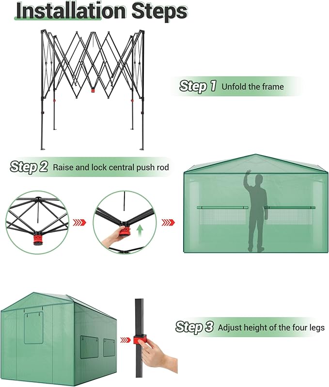 8X12 FT Portable Greenhouse for Outdoor,243 x 365 CM Wall in Pop Up Greenhouse for Gardening Plant, Zipper Roll Up Door & 4 Mesh Window, Double Frame, PE Cover Grow Tent for Winter, Green