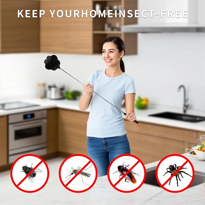 Fly Swatter, Elescopic Fly Swatters, FlySwatter for Indoors with Stainless Steel Handle 1PCS