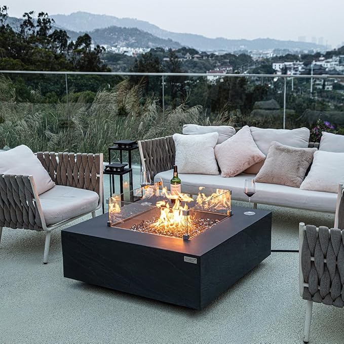 Roraima Concrete Fire Pit 40" x 40" Patio Firepit Includes Fire Glass Modern Fire Pits & Outdoor Fireplaces for Garden, Deck, Indoor & Outdoor Heating