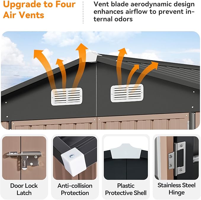 8x12 FT Metal Outdoor Storage Shed, Dual Doors with Lockable Bolts, Large Garden Shed for Yard Tools, Bike, Generator, Waterproof Galvanized Steel Panel with Vent & Sloping Roof(Brown)