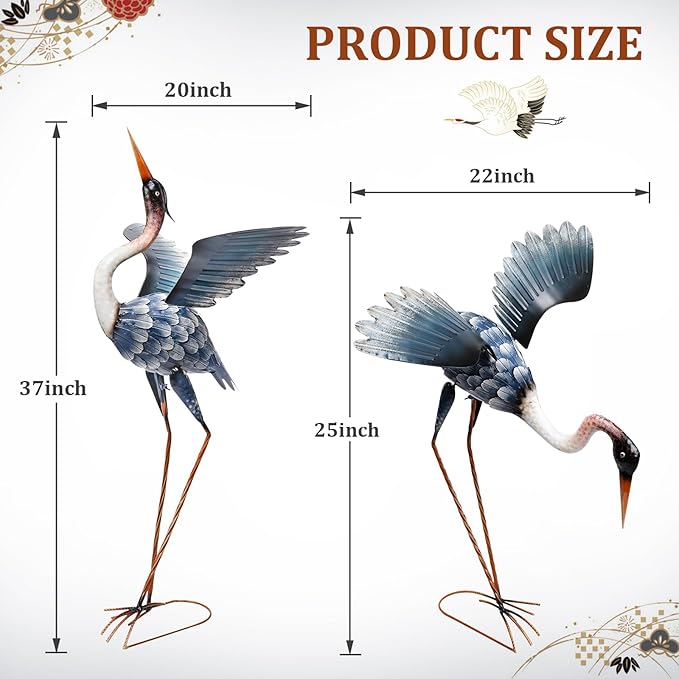 MUMTOP Crane Garden Statues for Outside, 2 Pack Blue Heron Garden Sculpture Statue, Large Bird Yard Art for Backyard Pond Patio Porch Decoration