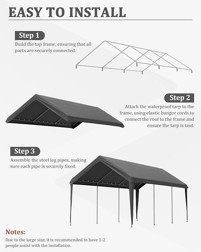 Carport Canopy Replacement Cover 12x20 Heavy Duty Outdoor Portable Car Canopy Oxford Waterproof UV & Tear Resistant Garage Canopy with Ball Bungees (Frame is Not Included)