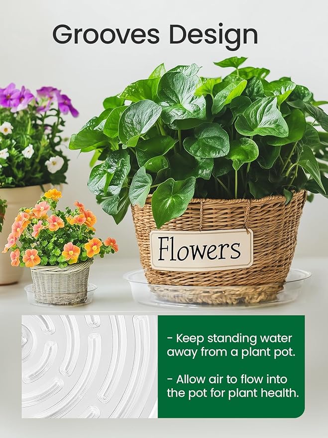 GROWNEER 15 Packs 10 Inches Clear Plant Saucers Flower Pot Trays, with 15 Pcs Plant Labels, Plastic Plant Saucer Drip Trays for Indoor Outdoor Plants Garden