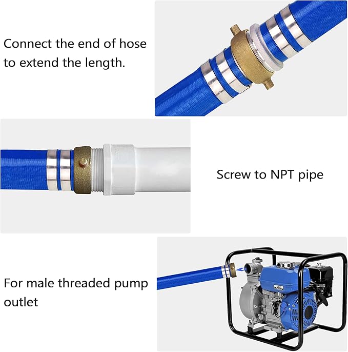 DAVCO 1.25" ID x 25 ft Pool Backwash Hose, Heavy Duty Reinforced Blue PVC Lay Flat Water Discharge Pump Hoses For Swimming Drain Pools and Clean Filters, With Aluminum Pin Lug Fittings