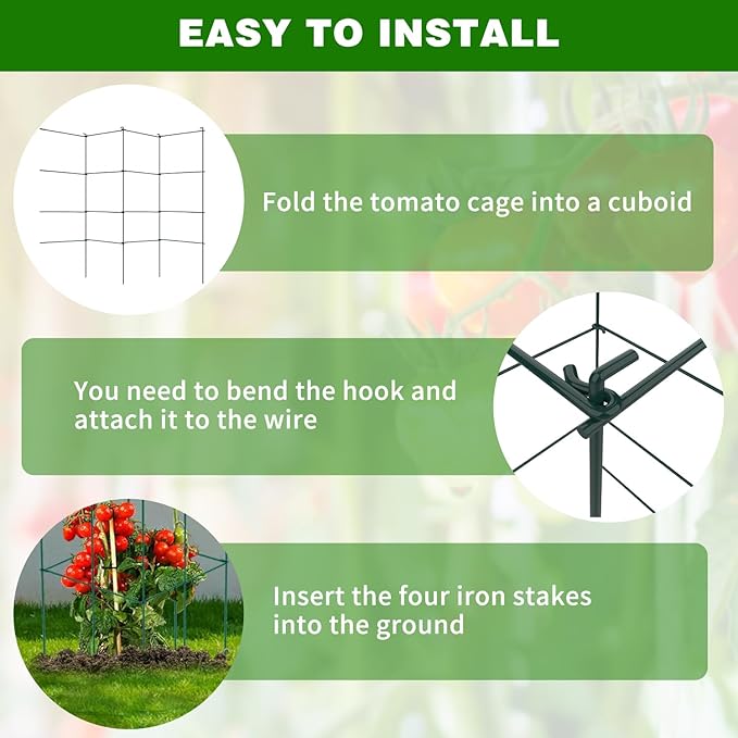 6 Packs Tomato Cages for Garden, 12"×12"×39" Plant Support Cage with Different Spacing, Green Metal Trellis for Climbing Plants Like Cucumber, Flowers