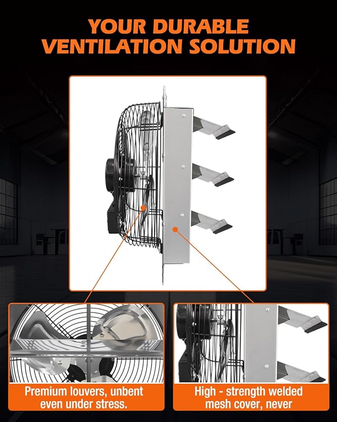 JVO 12 Inch Shutter Exhaust Fan 1450 CFM High-Powered Ventilation, Ideal for Attics, Greenhouses, Garages and Chicken Coops - Wall Mount for Easy Installation (No Power Cord Included)