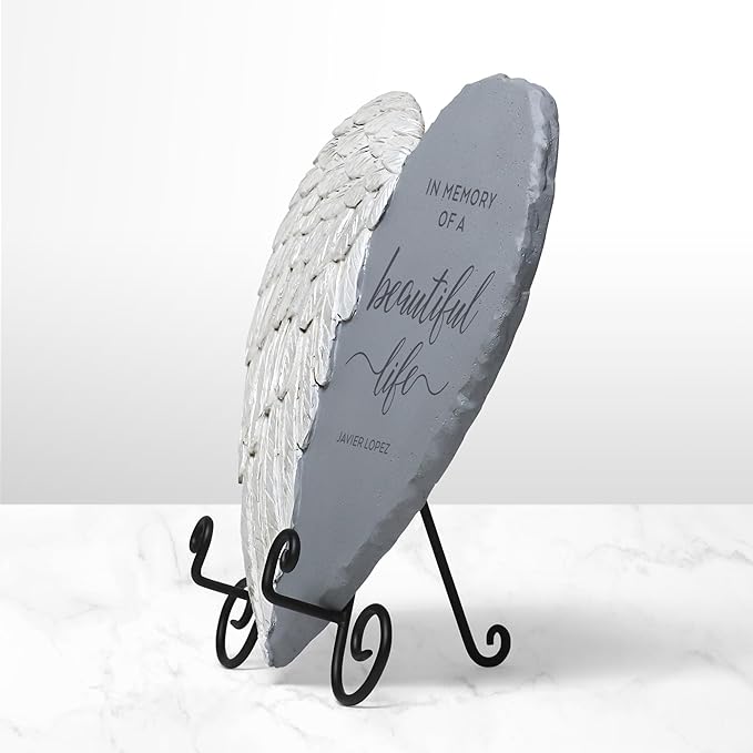 Let's Make Memories Personalized Memorial Garden Stone - Sympathy - Loss of Loved One - Condolences - Indoor/Outdoor - Durable Resin - 3D Iridescent Wing - Beautiful Life