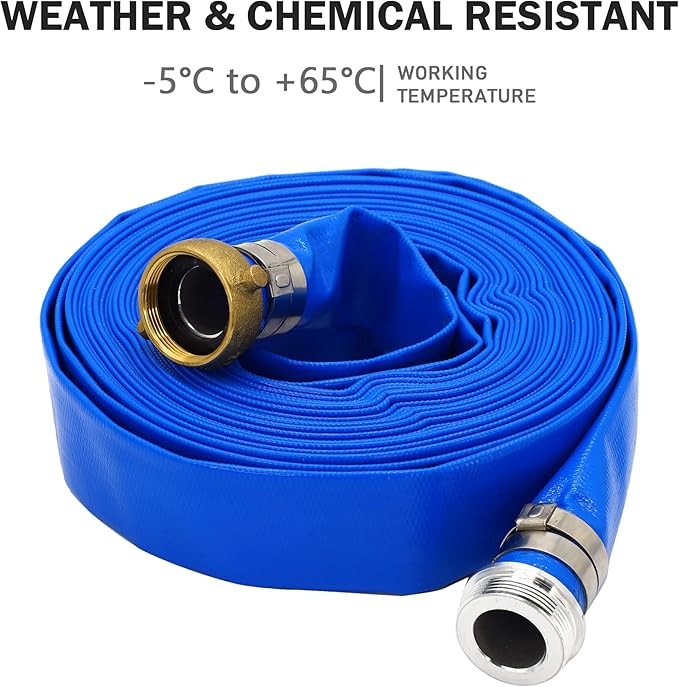 DAVCO 1.25" ID x 25 ft Pool Backwash Hose, Heavy Duty Reinforced Blue PVC Lay Flat Water Discharge Pump Hoses For Swimming Drain Pools and Clean Filters, With Aluminum Pin Lug Fittings